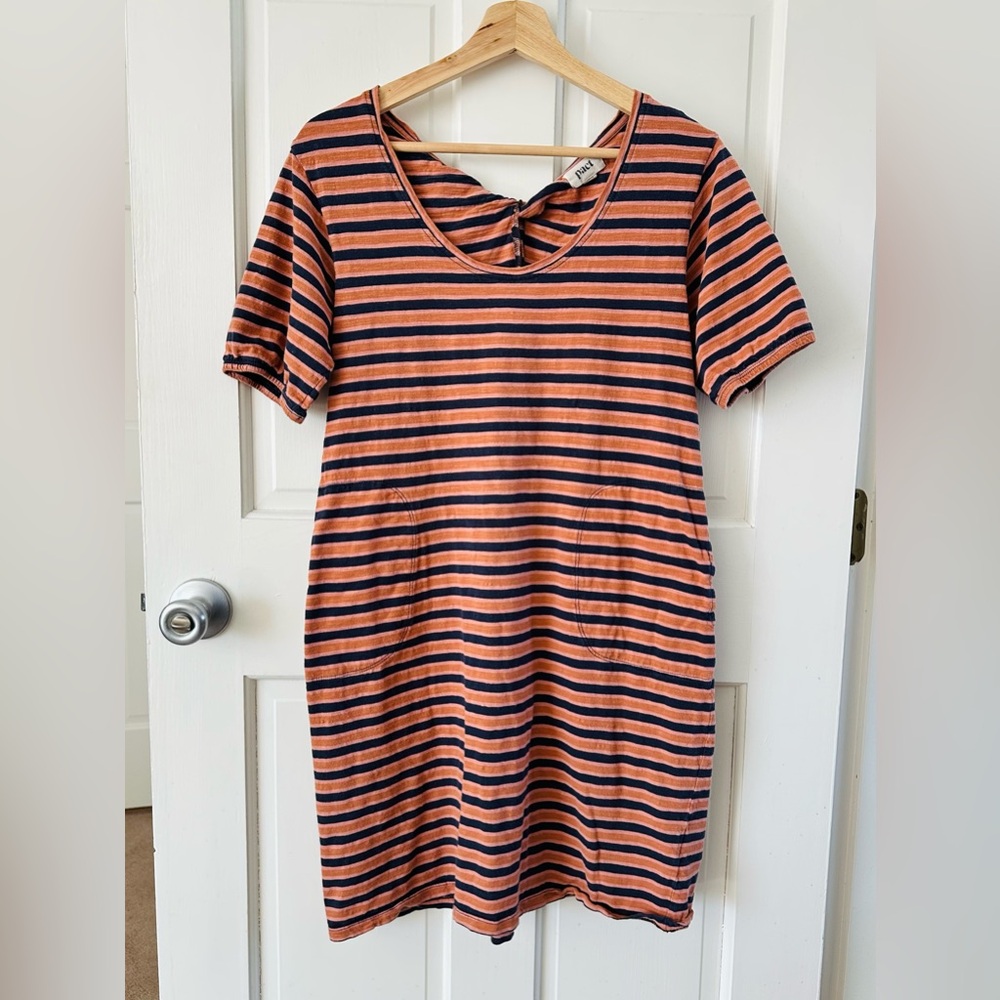 PACT Avery Knit Organic Cotton T-Shirt Dress Blue Coral Stripes Pockets Size M
